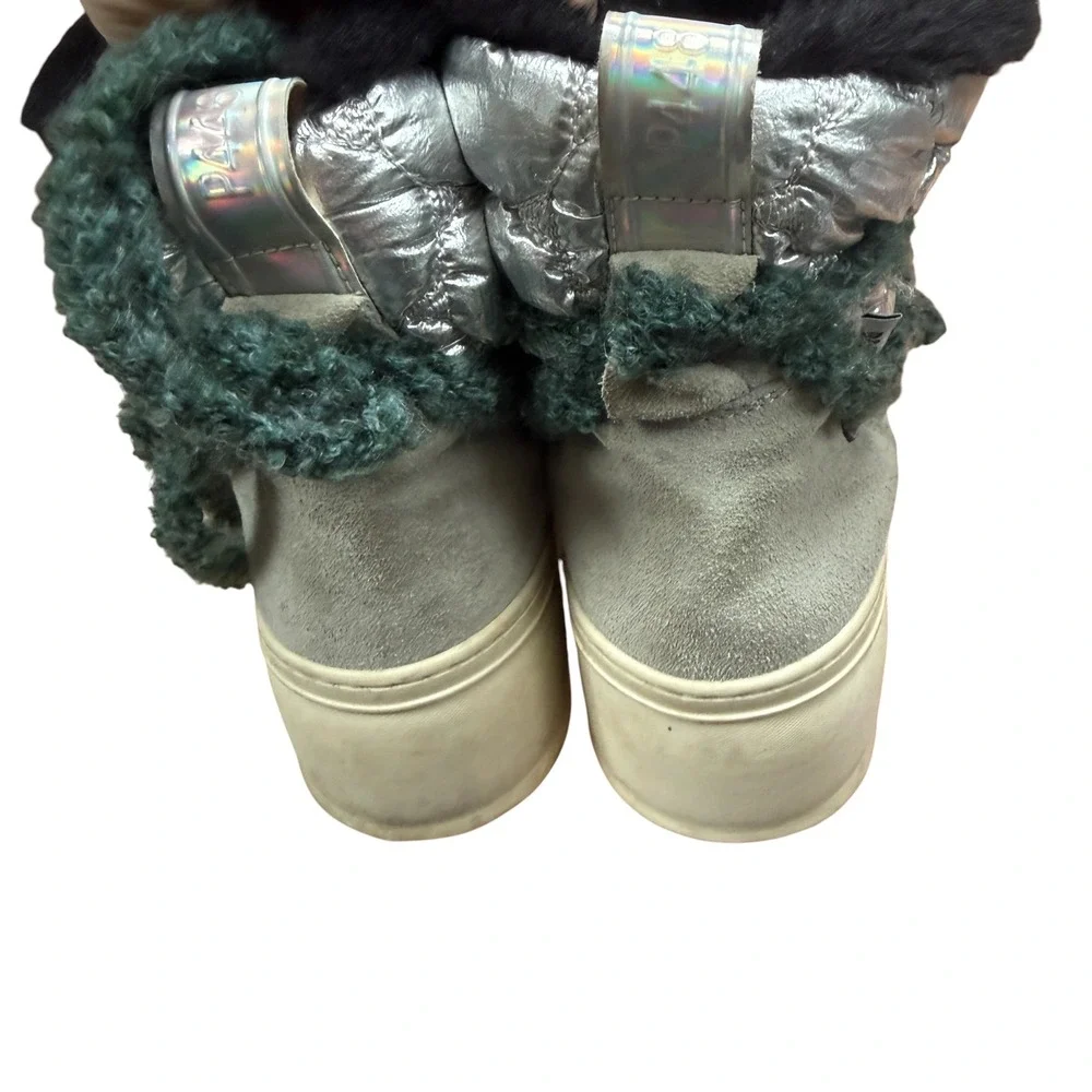 P448 Womens Silver Quilted Suede Platform Snow Boots Fur Lined Size 38